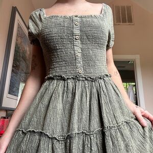 Elegant Olive Green Smocked Dress